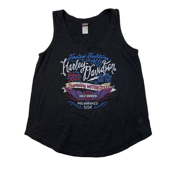 Harley Davidson Retro Y2K Biker Graphic Tank Top Lake Erie Black Womens Large - Picture 1 of 5